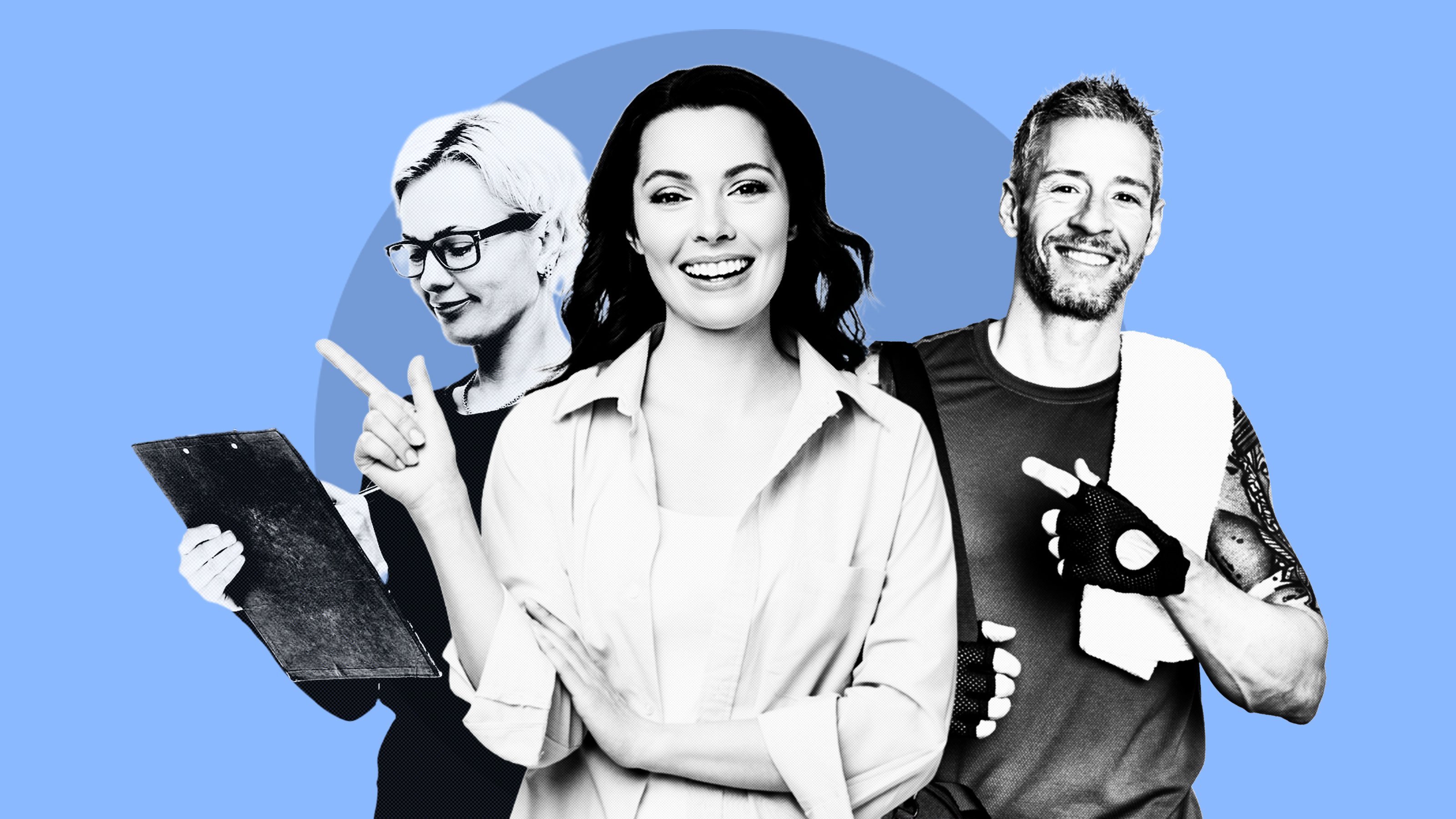 Drei Personen in schwarz-weiß lächeln auf einem blauen Hintergrund.